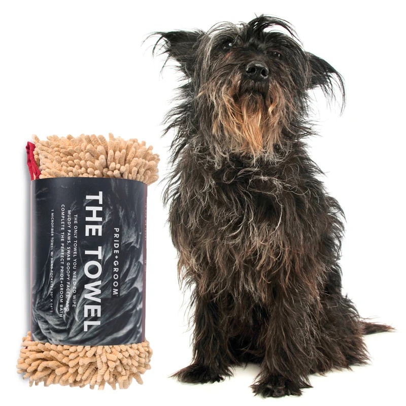 Serviette de séchage microfibre pour chien et chat THE TOWEL Pride + Groom avec poches pour les mains